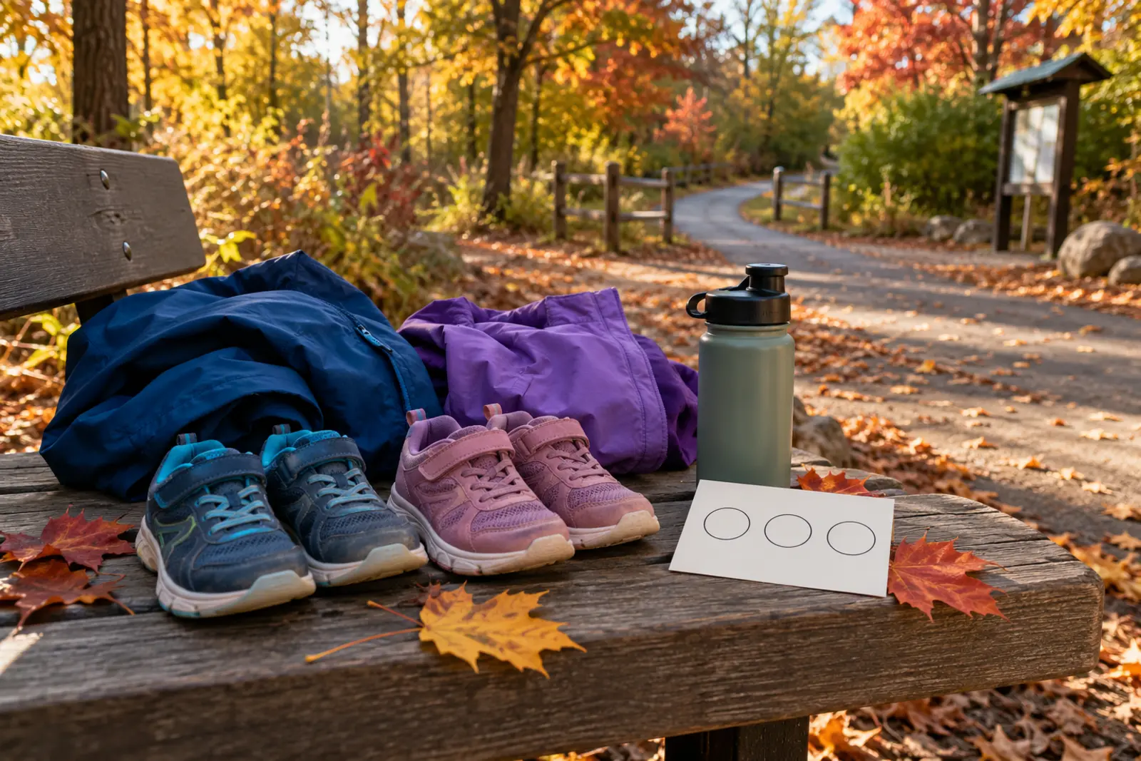 Child-size shoes and a three-clue card beside a familiar autumn path