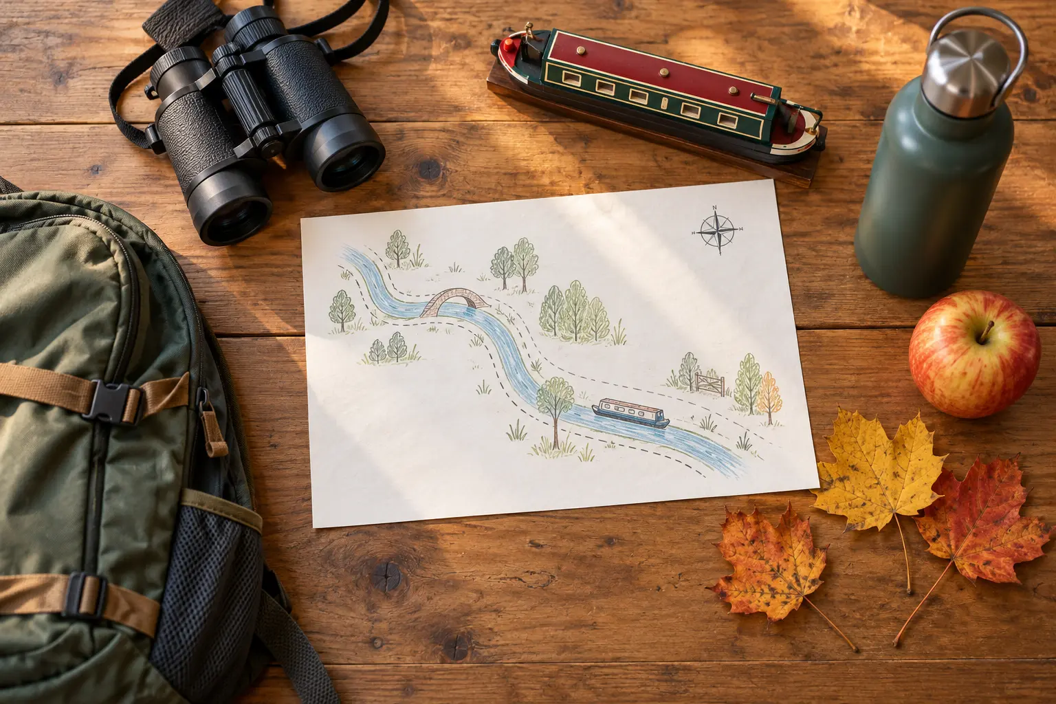 Conceptual canal-park planning table with a generic boat model, blank route sketch and autumn day-trip gear