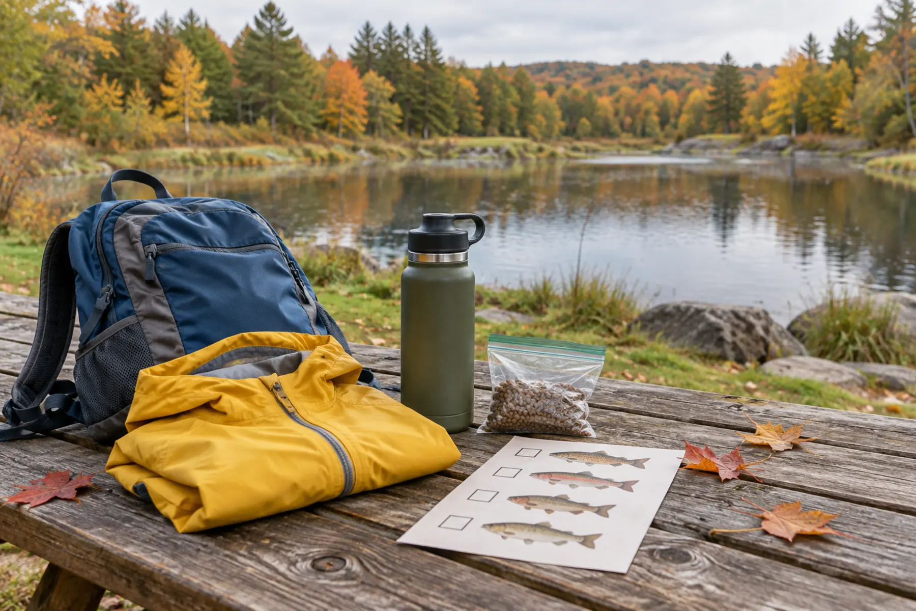 Generic autumn hatchery-day setup with daypack, rain jacket, water bottle, feed and fish checklist