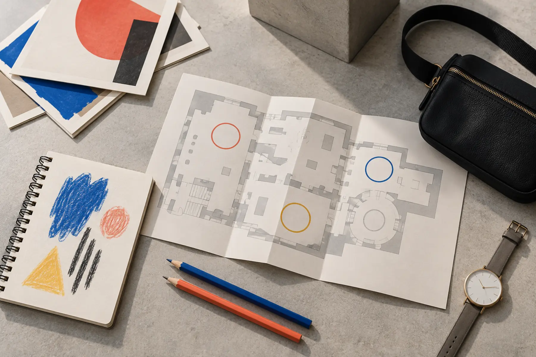 Generic museum planning setup with invented map, sketchbook, pencils and watch