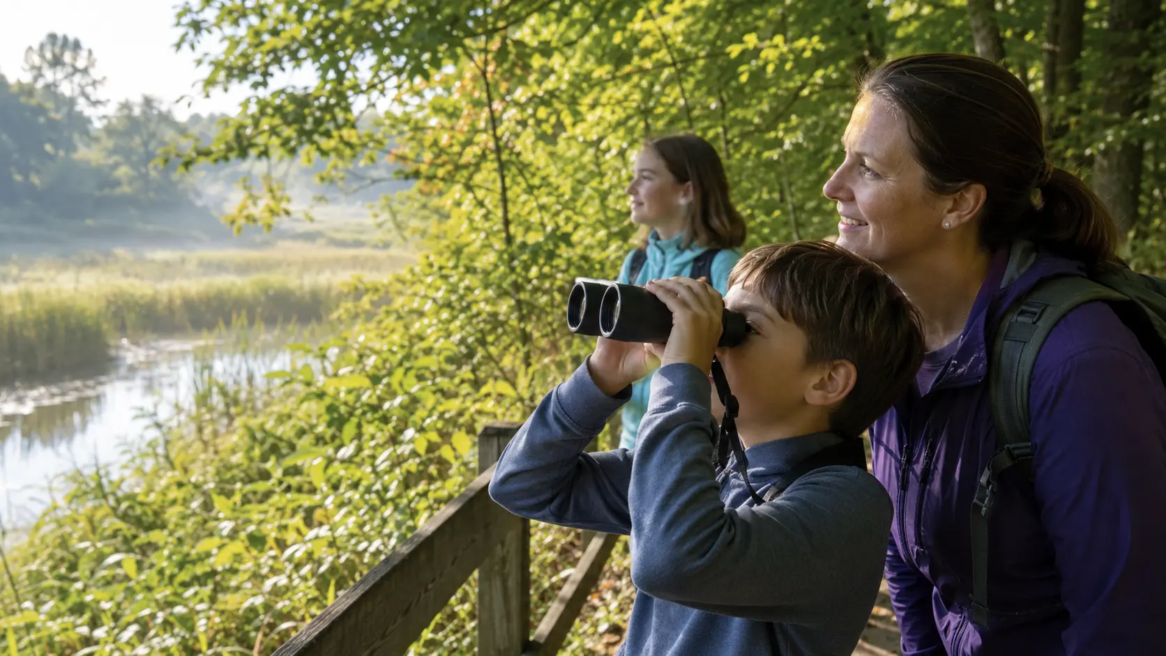 A school-age child using binoculars at a wetland overlook