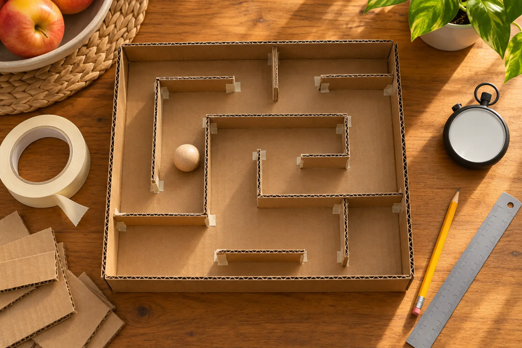 Overhead view of a cardboard tray maze with taped walls, large wooden craft ball, ruler, pencil and masking tape