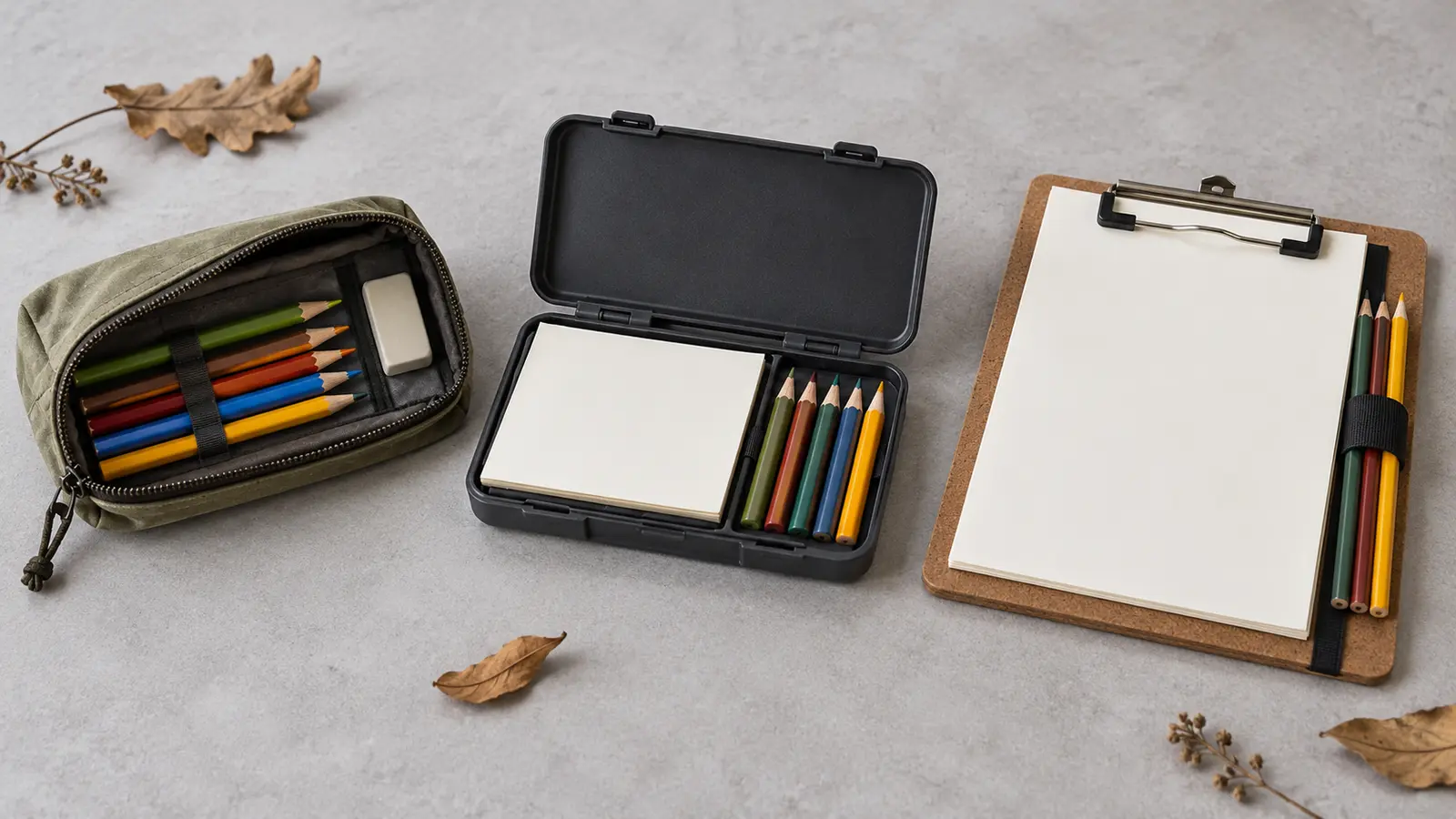 Unbranded field sketch kit comparison with zippered pencil pouch, slim hard case and clipboard holding blank paper