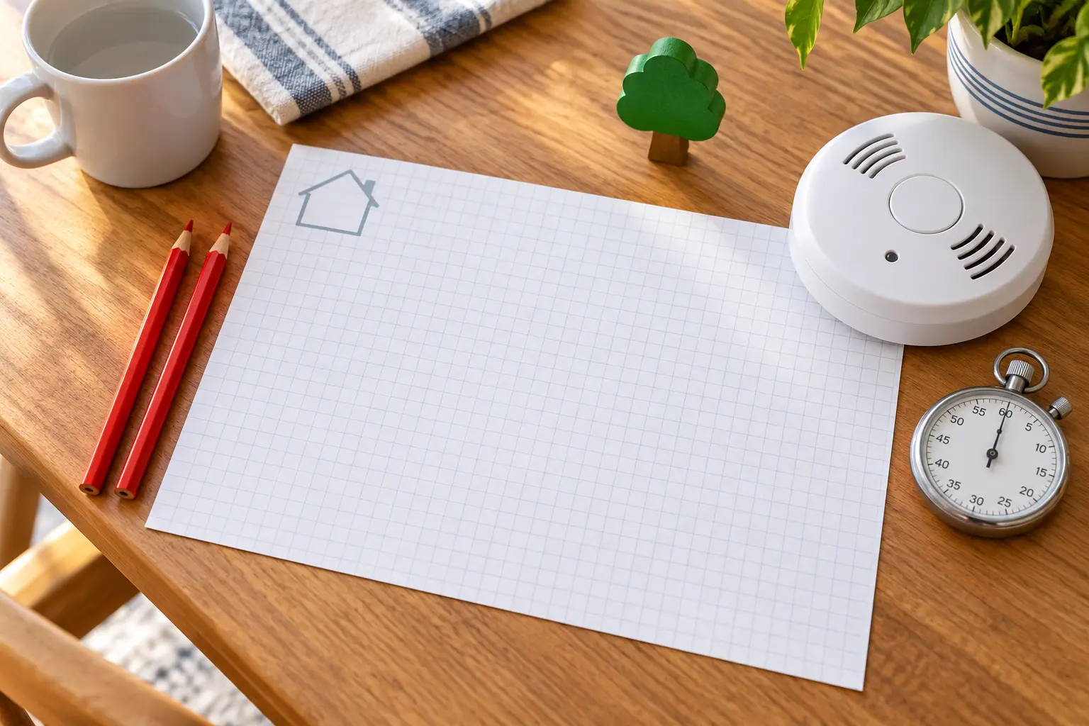 Blank grid paper, red pencils, tree token, smoke alarm and stopwatch