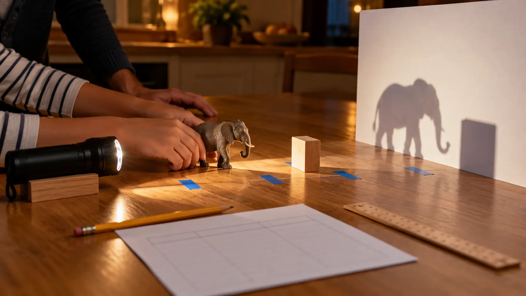 Flashlight shadow experiment with an elephant toy and block