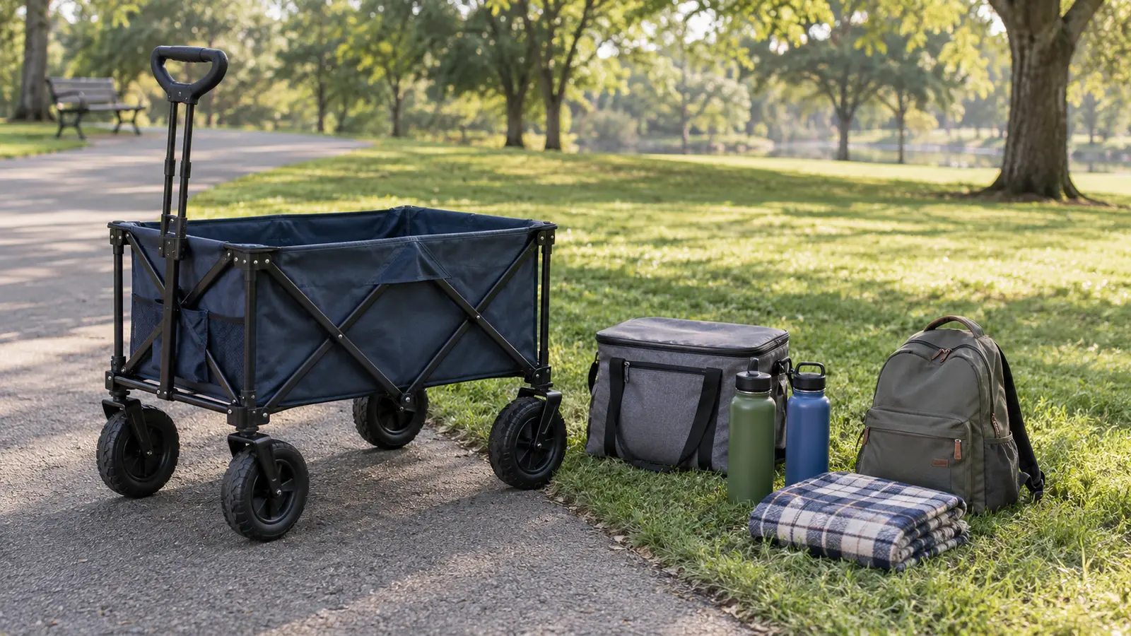 Folding utility wagon beside family day-trip gear