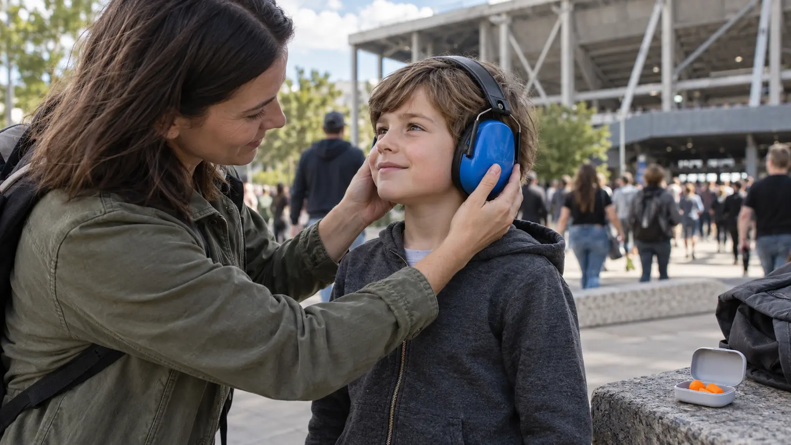 Parent checking protective earmuffs on a school-age child