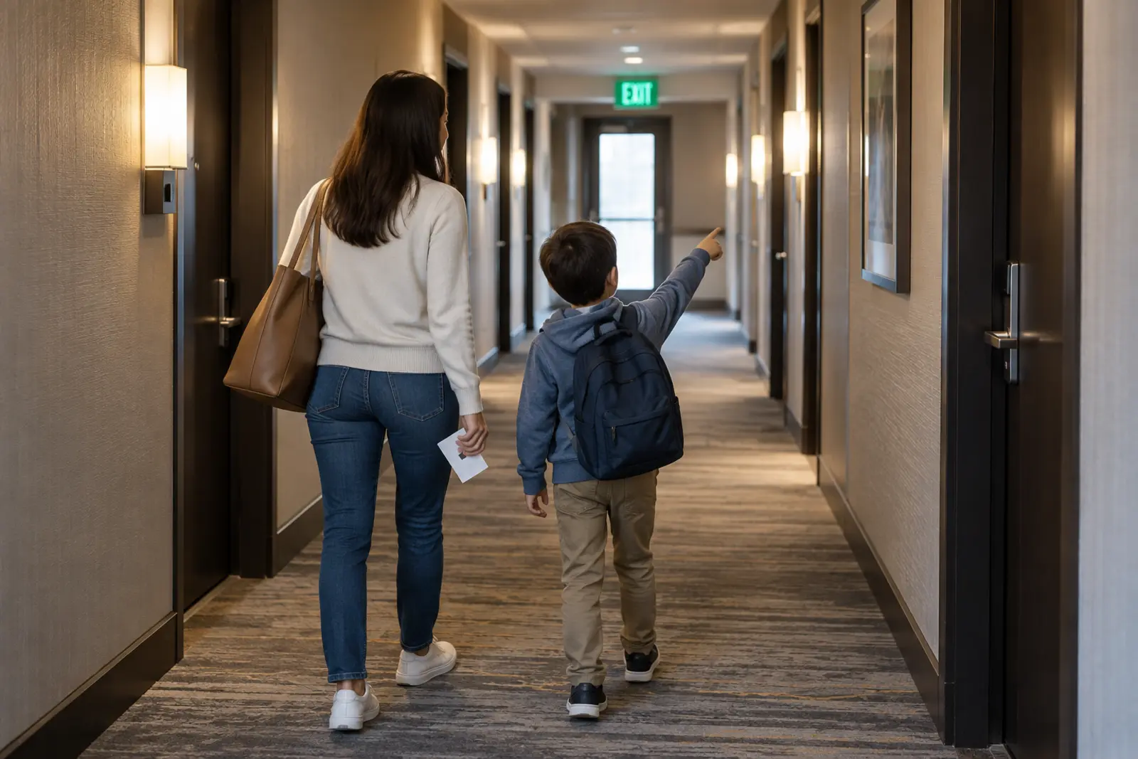 Adult and child counting hotel doors toward an exit sign