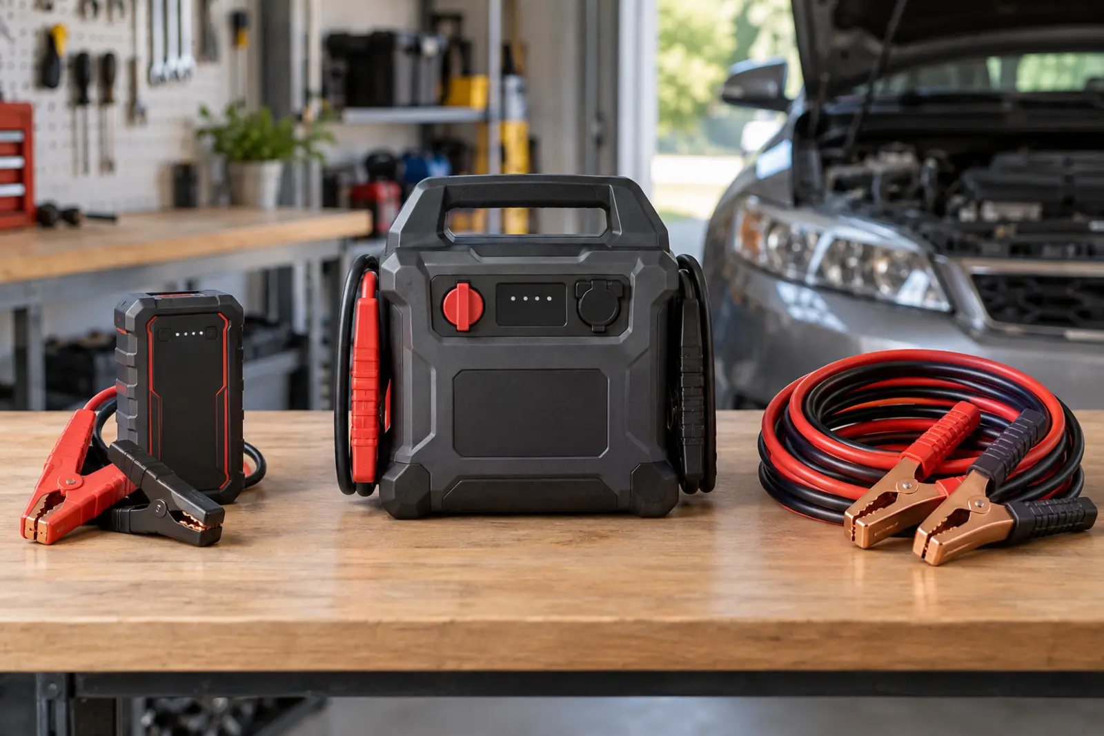 Three unbranded vehicle jump-start options on a workbench