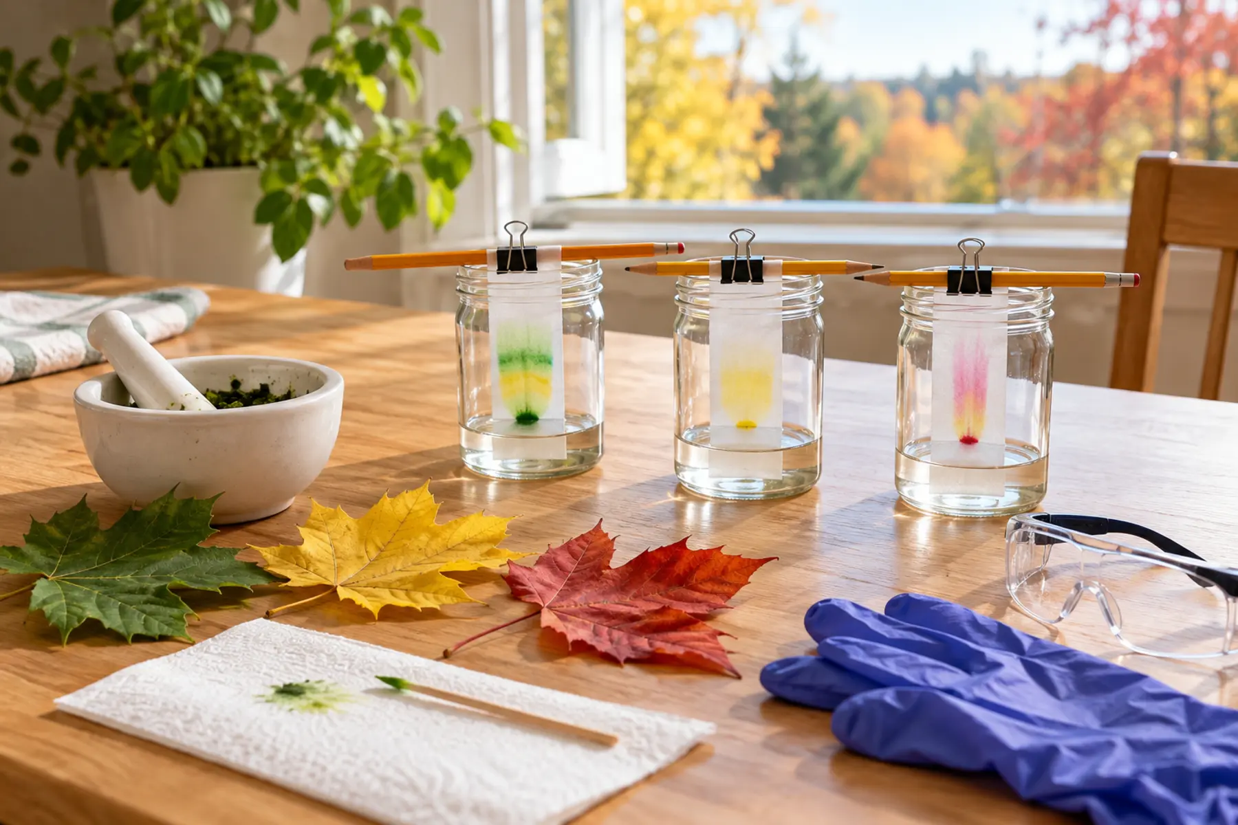 Adult-supervised leaf-pigment chromatography setup with shallow jars and filter strips
