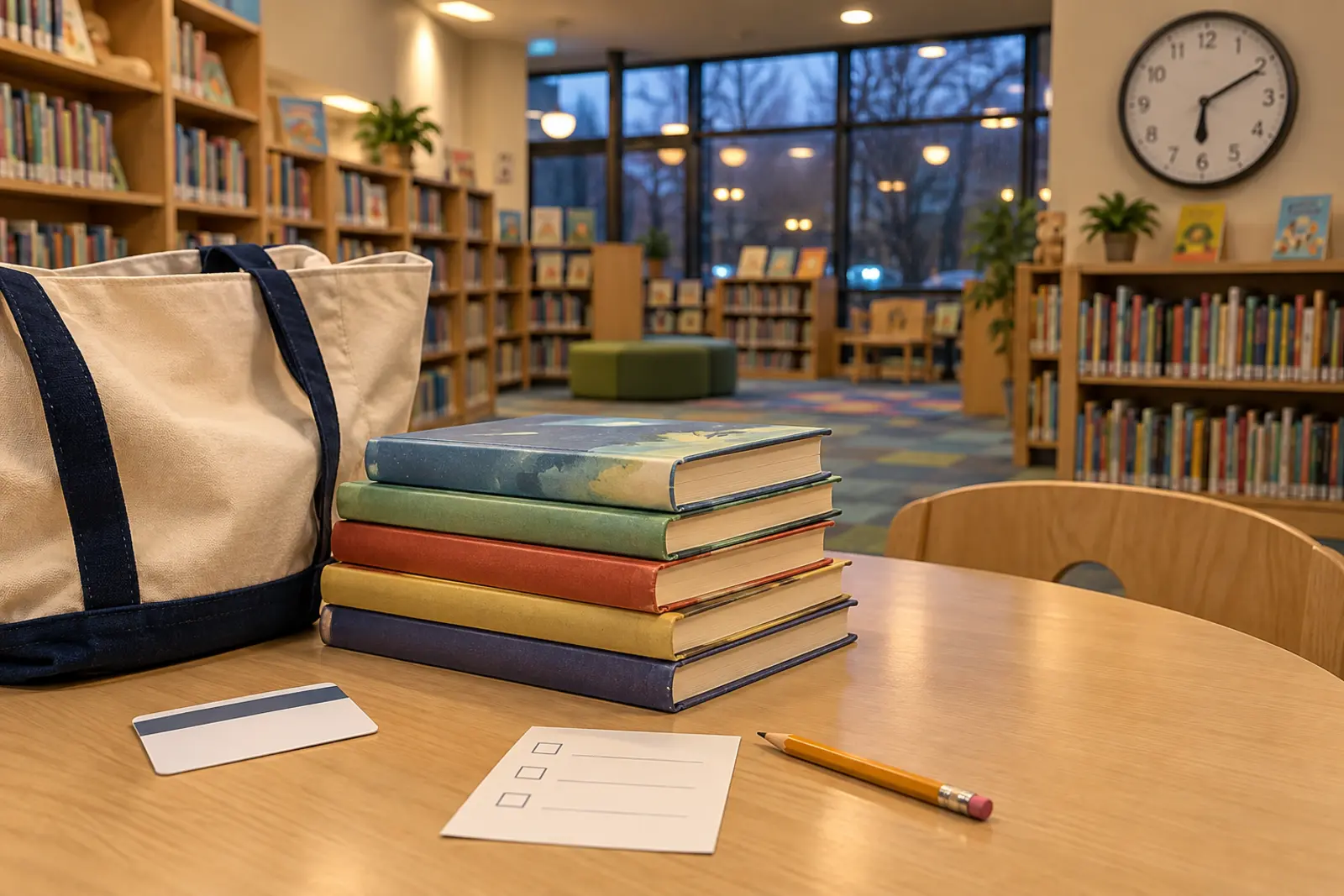 Blank-spined children's books and a tote in a generic library