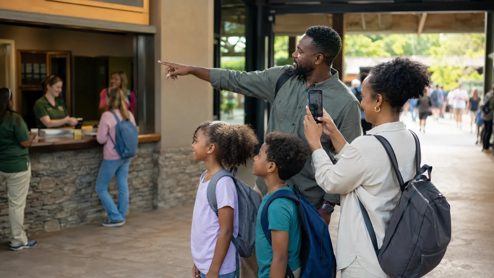A family pointing out a staffed help counter at a public attraction