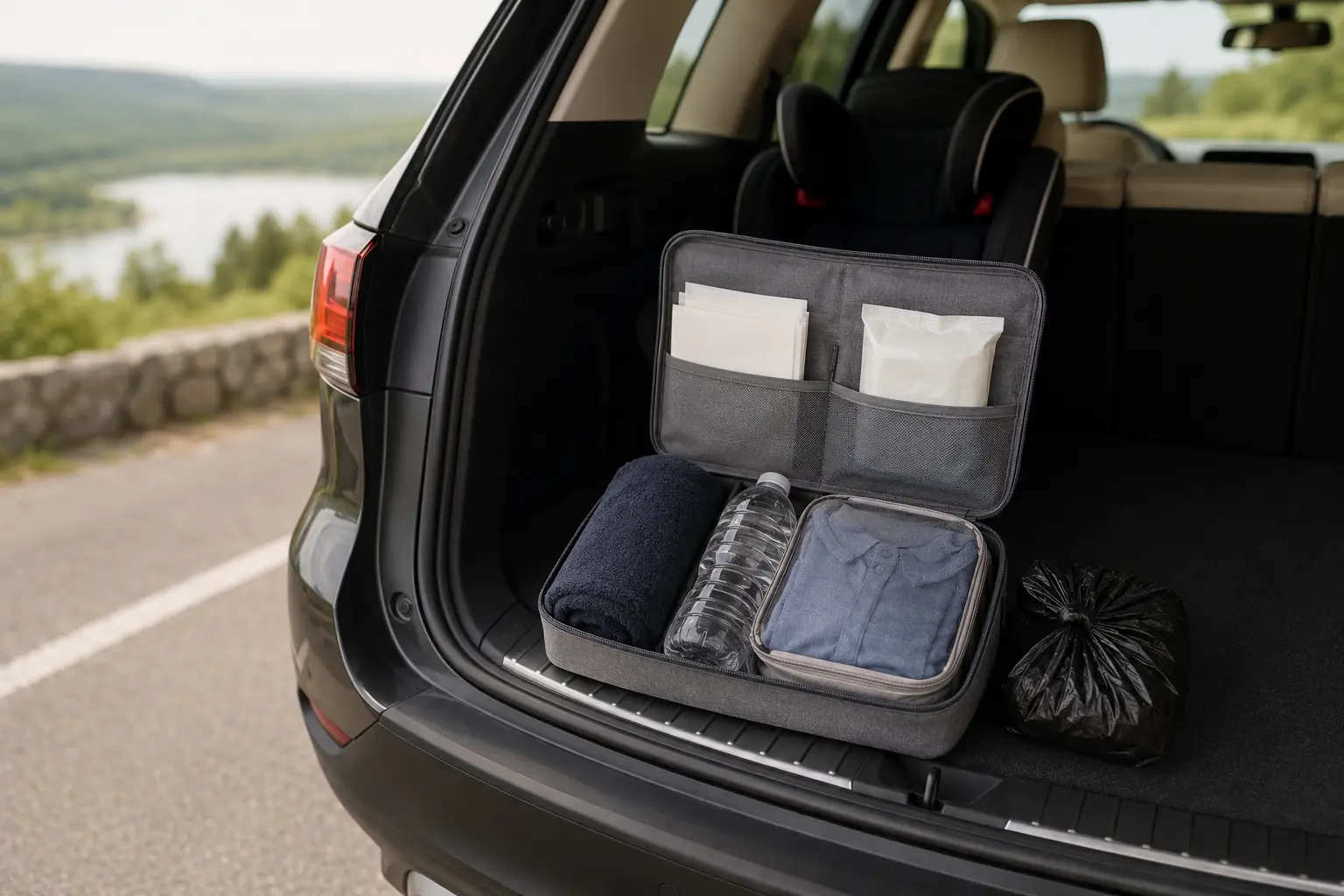 A prepared car-sickness cleanup kit in a parked family car