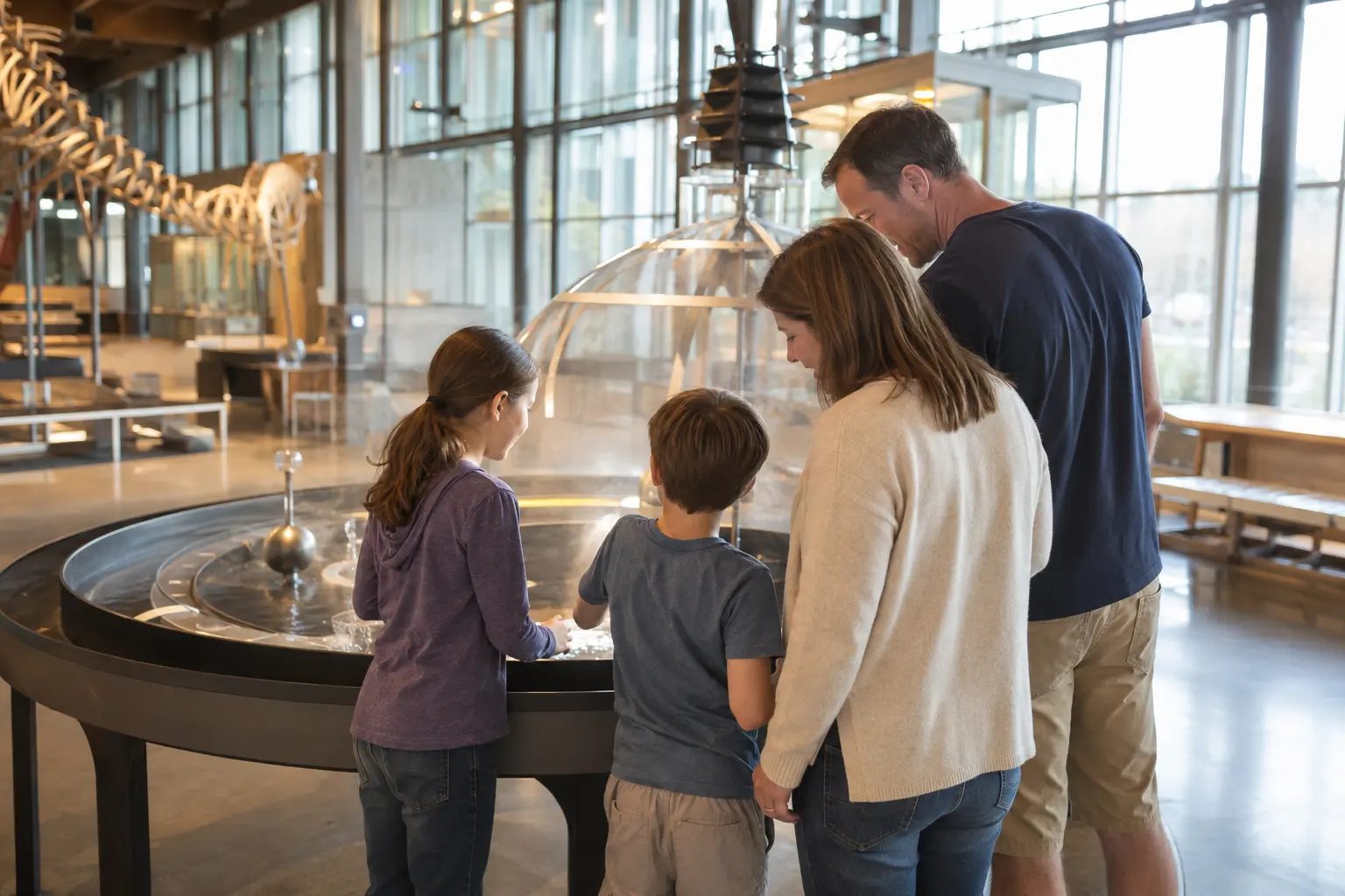 Family with school-age children exploring a hands-on museum exhibit