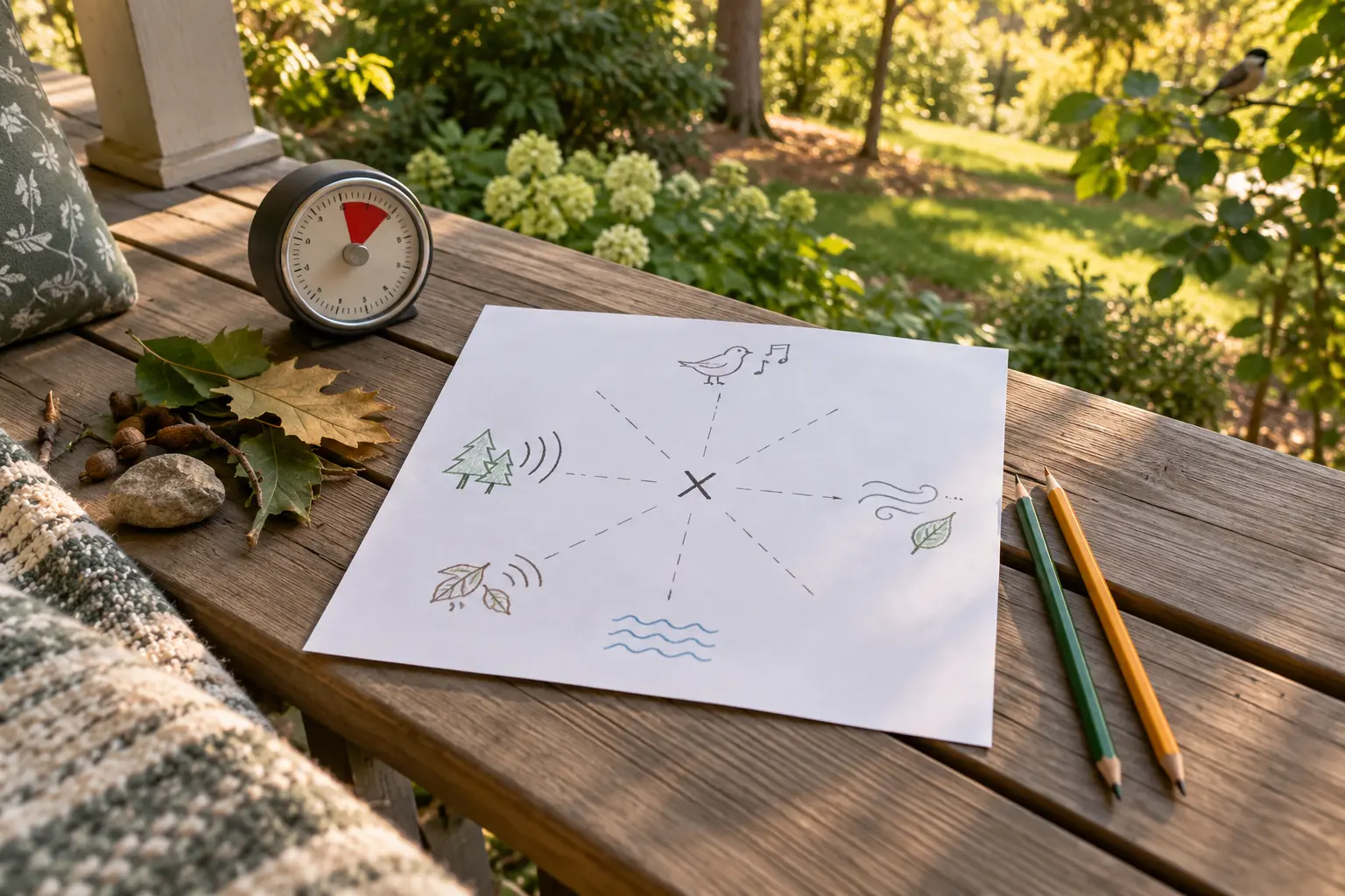 Blank directional sound map with center X, pencils and timer