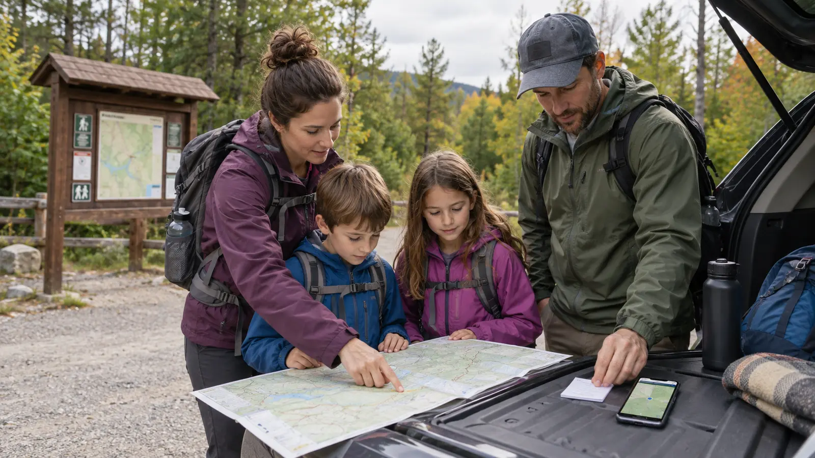 Family reviewing paper and offline maps at a trailhead