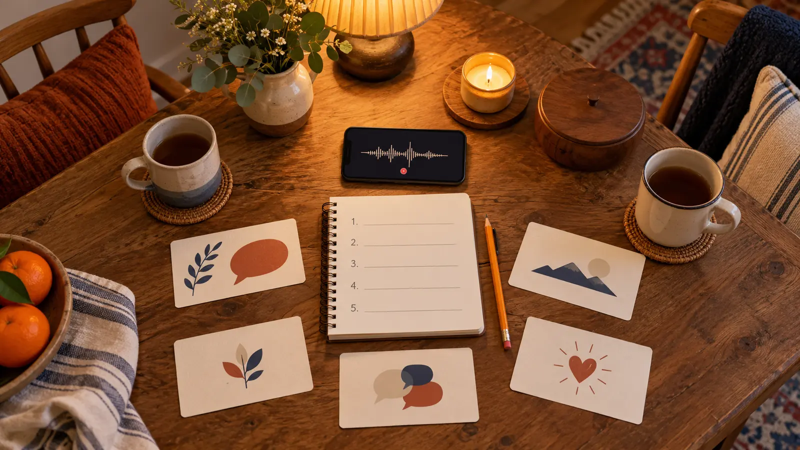 Warm tabletop set for a private family oral-history interview with two mugs, an unbranded phone, notebook, pencil and five blank question cards