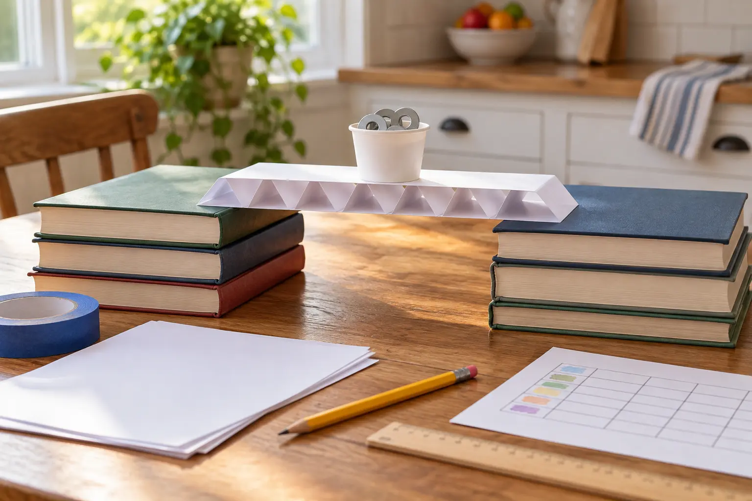 Paper bridge between low book stacks with a small cup of lightweight washers and a results sheet