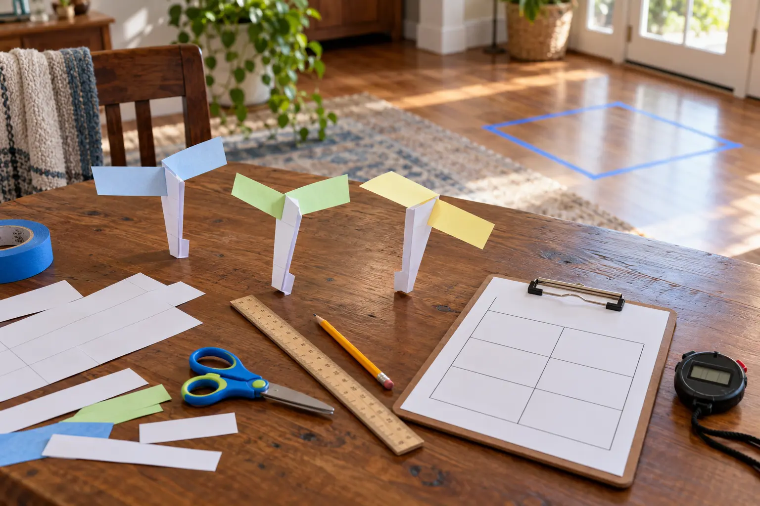 At-home paper helicopter engineering setup with three folded paper rotors, ruler, pencil, closed scissors, stopwatch and blank test grid