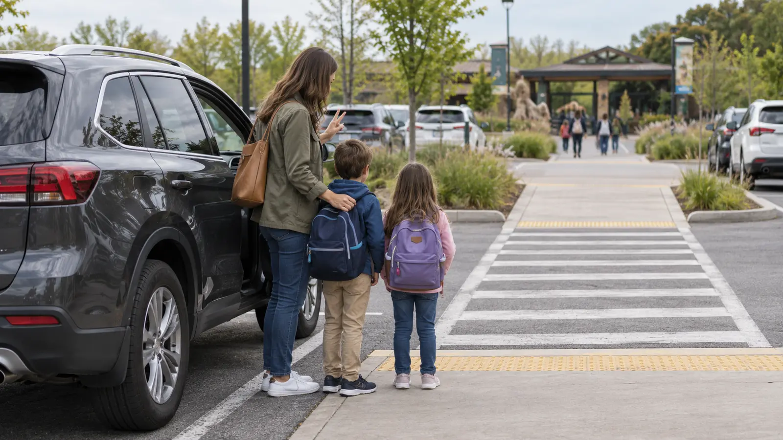Adult regrouping with two children beside a parked car