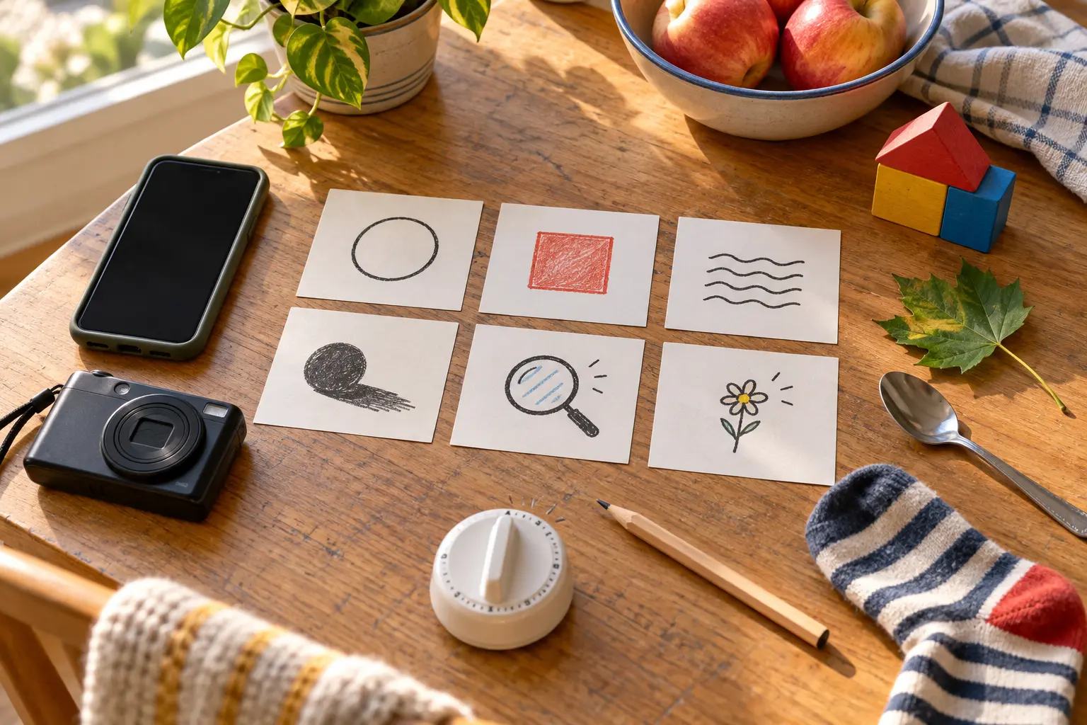 Conceptual photo hunt with a dark-screen phone, generic camera, six icon cards and safe household objects