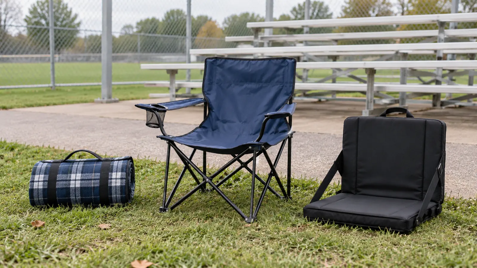 Picnic blanket, camp chair and stadium seat beside bleachers