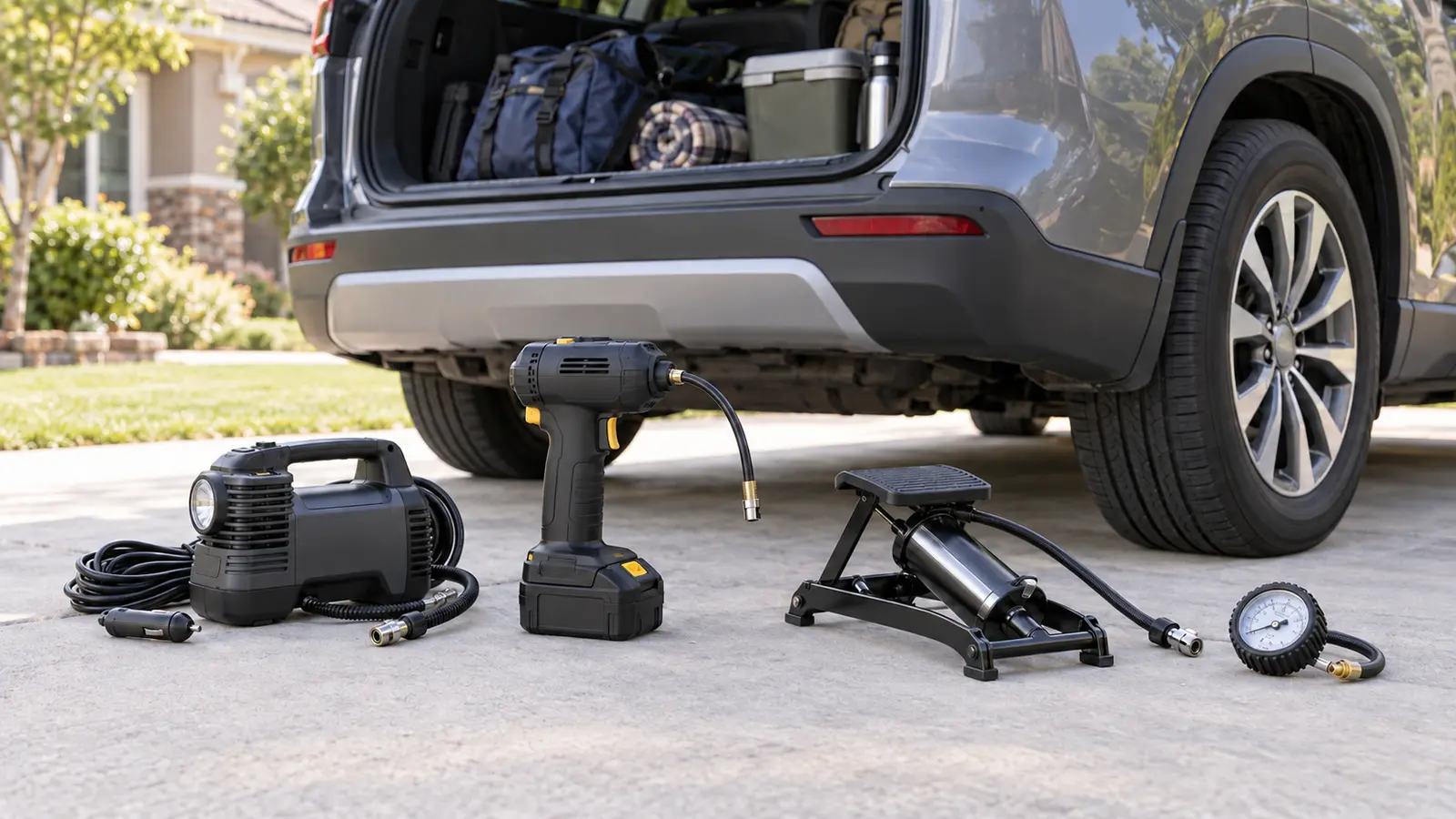 Portable tire inflator categories beside a parked family vehicle