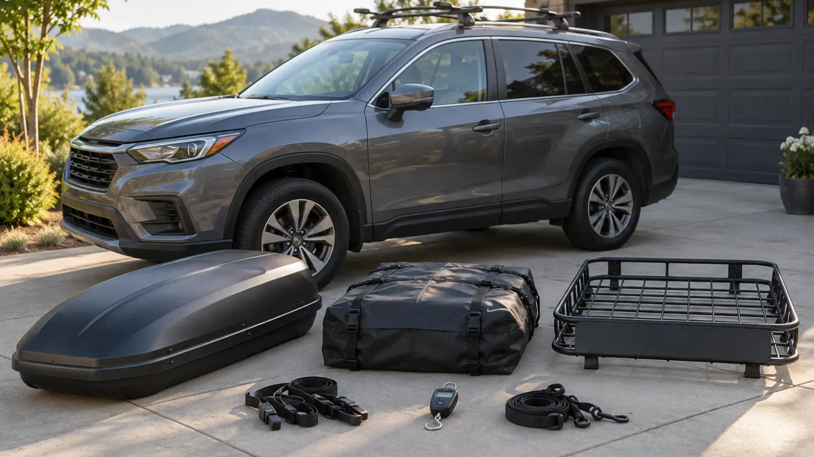 Hard roof box, soft rooftop bag and cargo basket beside an SUV