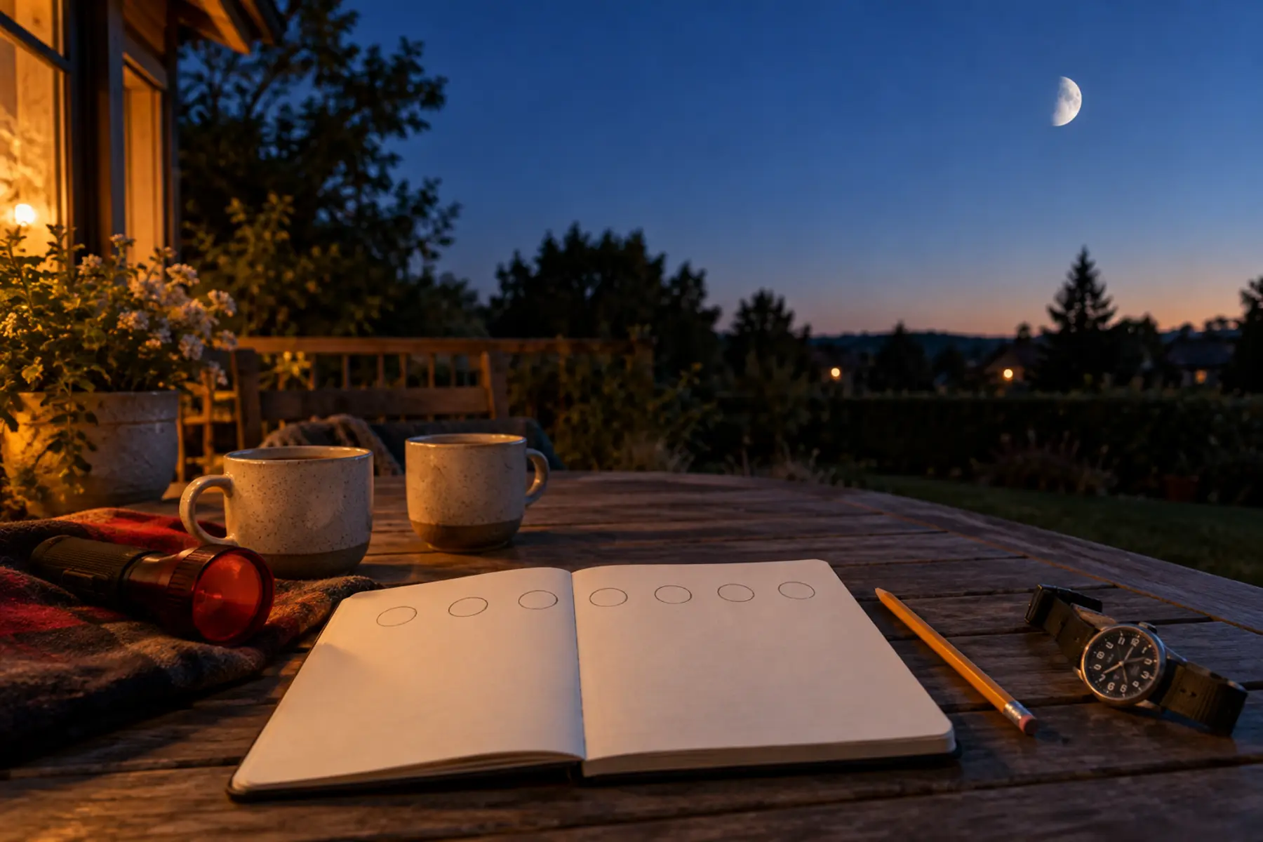 Seven-night Moon log setup with notebook, seven circles, pencil, watch and red flashlight