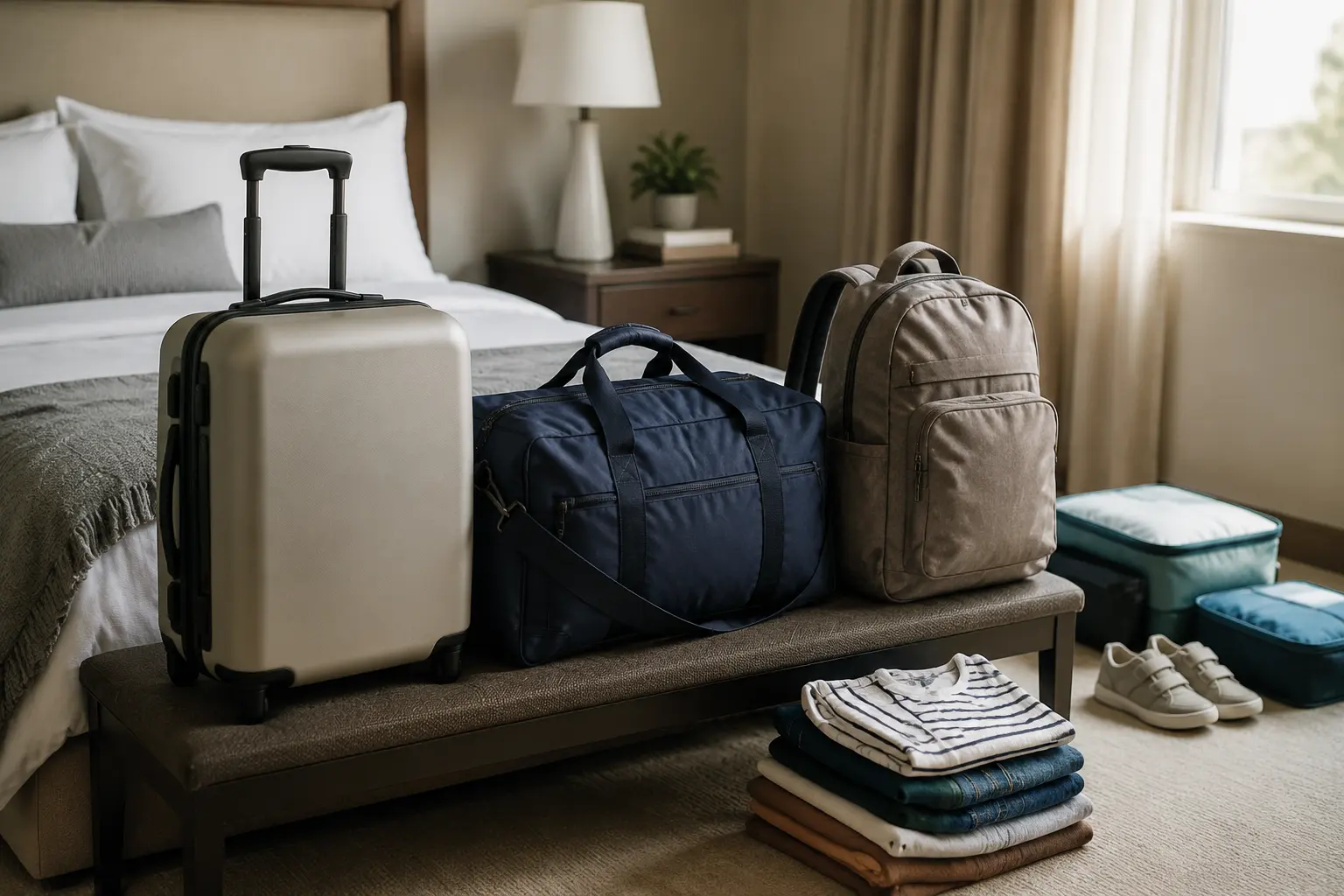 Rolling suitcase, duffel and backpack arranged for family travel