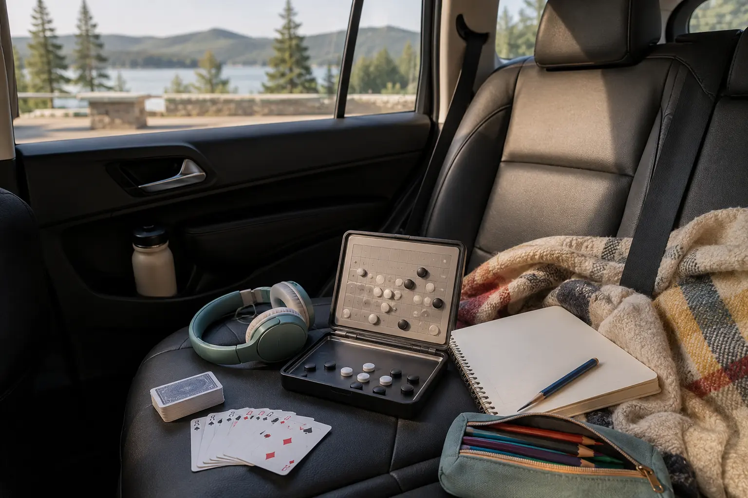 Compact analog travel games arranged in a parked family car