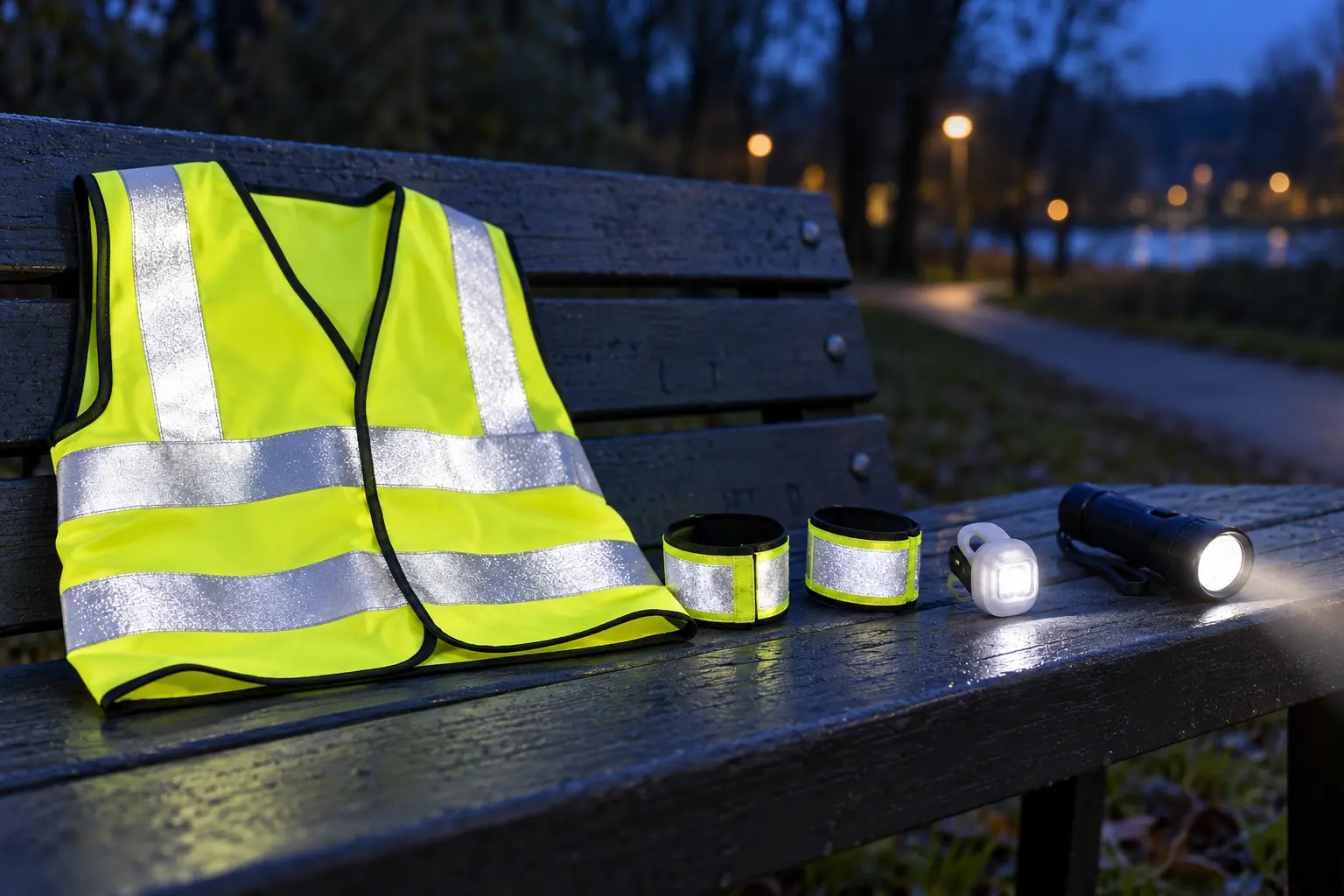 Unbranded reflective vest, motion bands, clip light and flashlight