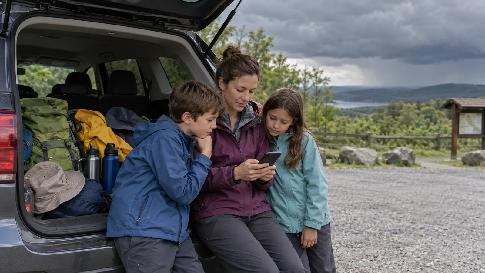 Family checking a phone forecast beside packed outdoor gear