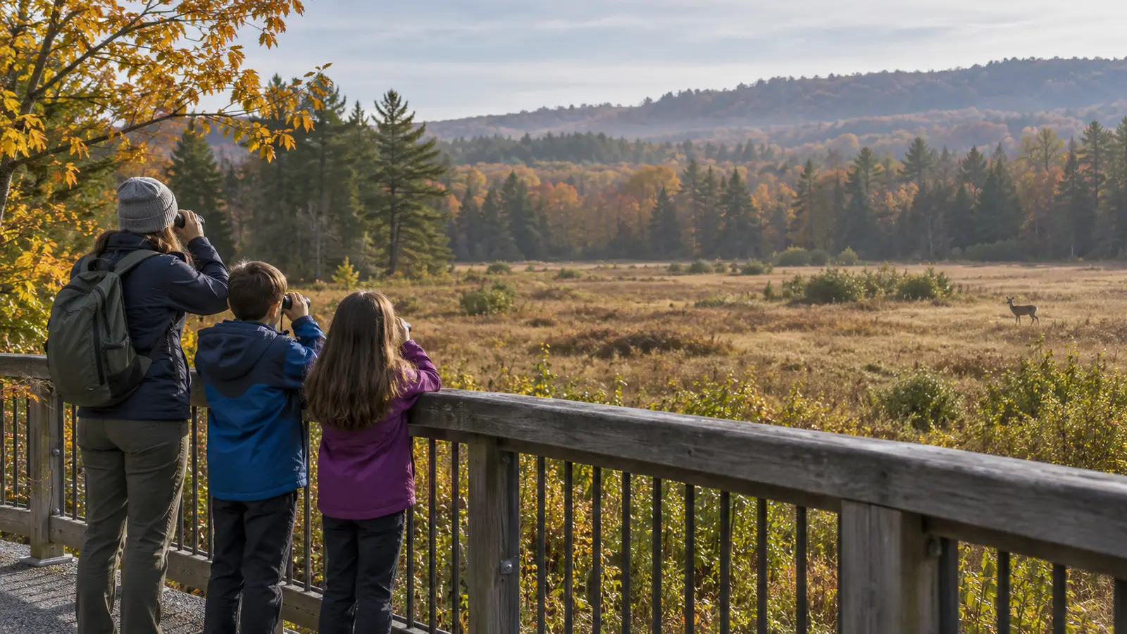 Family watching a distant deer from behind a railing
