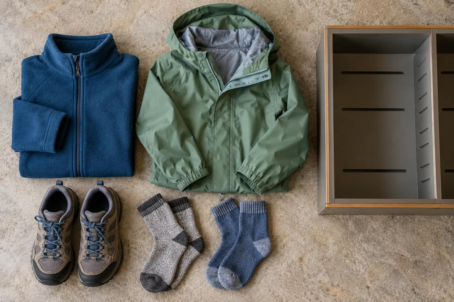 Unbranded layers, shoes and empty cubby for a bag-free cave visit