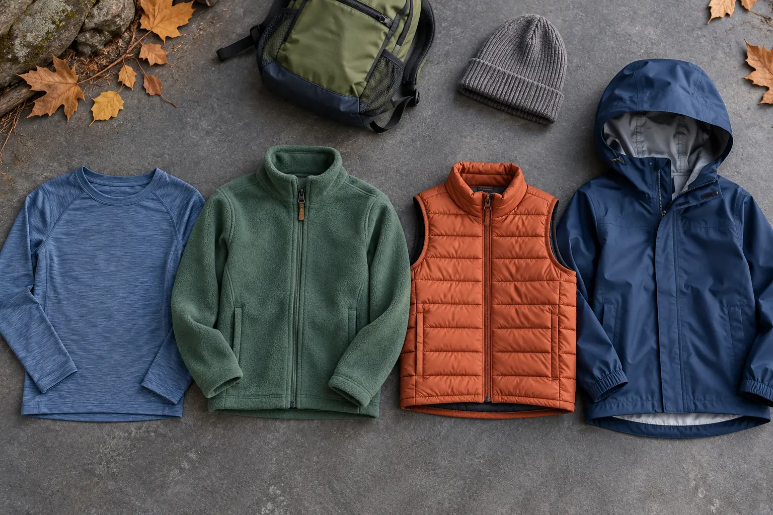 Unbranded kids’ base layer, fleece, insulated vest and rain shell