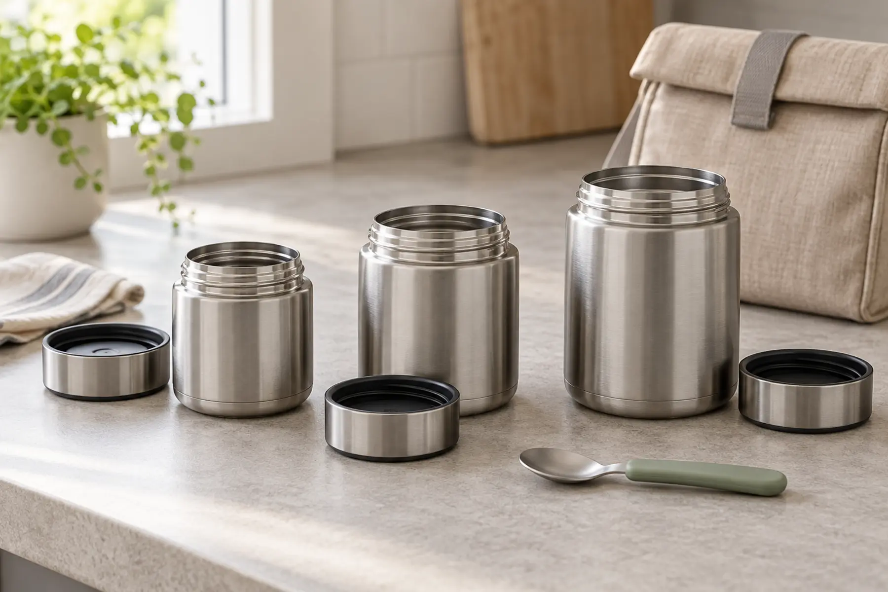 Three unbranded insulated food jars arranged from smallest to largest with separate lids