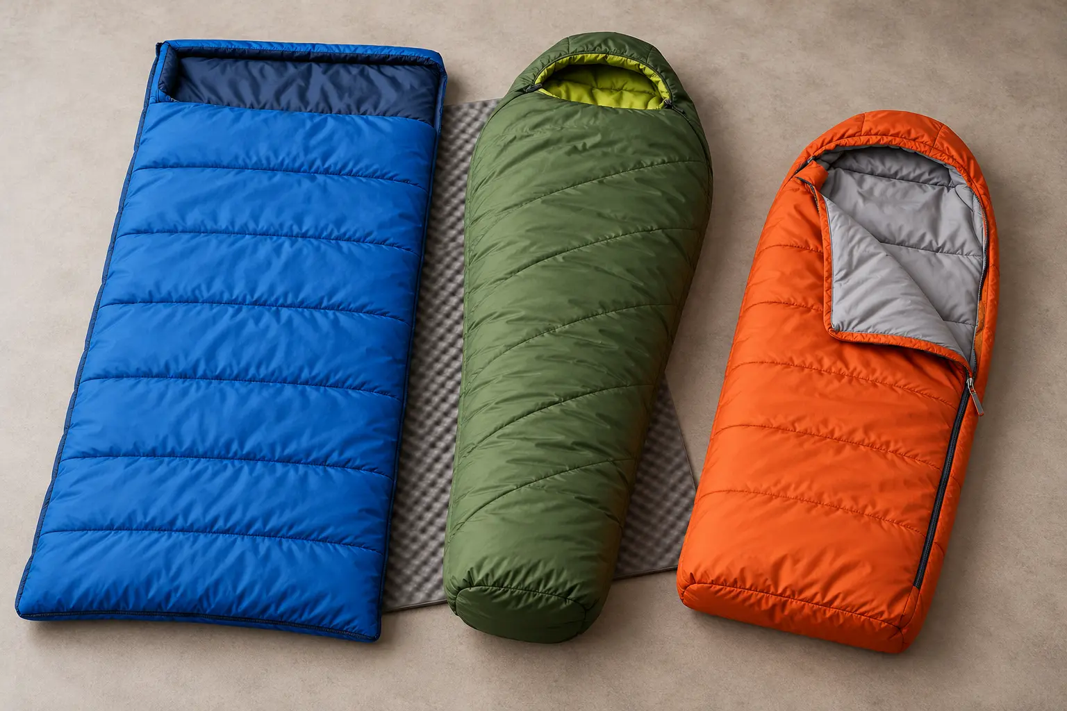 Three unbranded child-size sleeping bag categories beside a foam sleeping pad