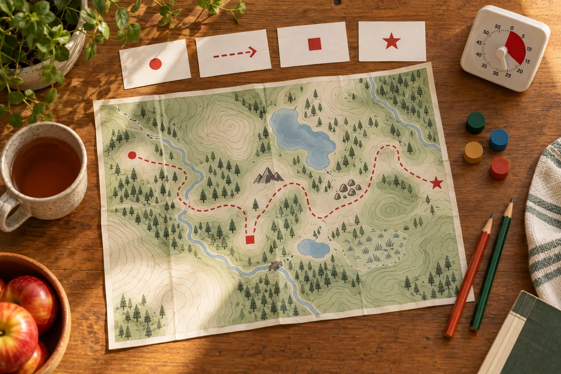 Fictional trail-map game with symbol cards, pencils, timer and tokens