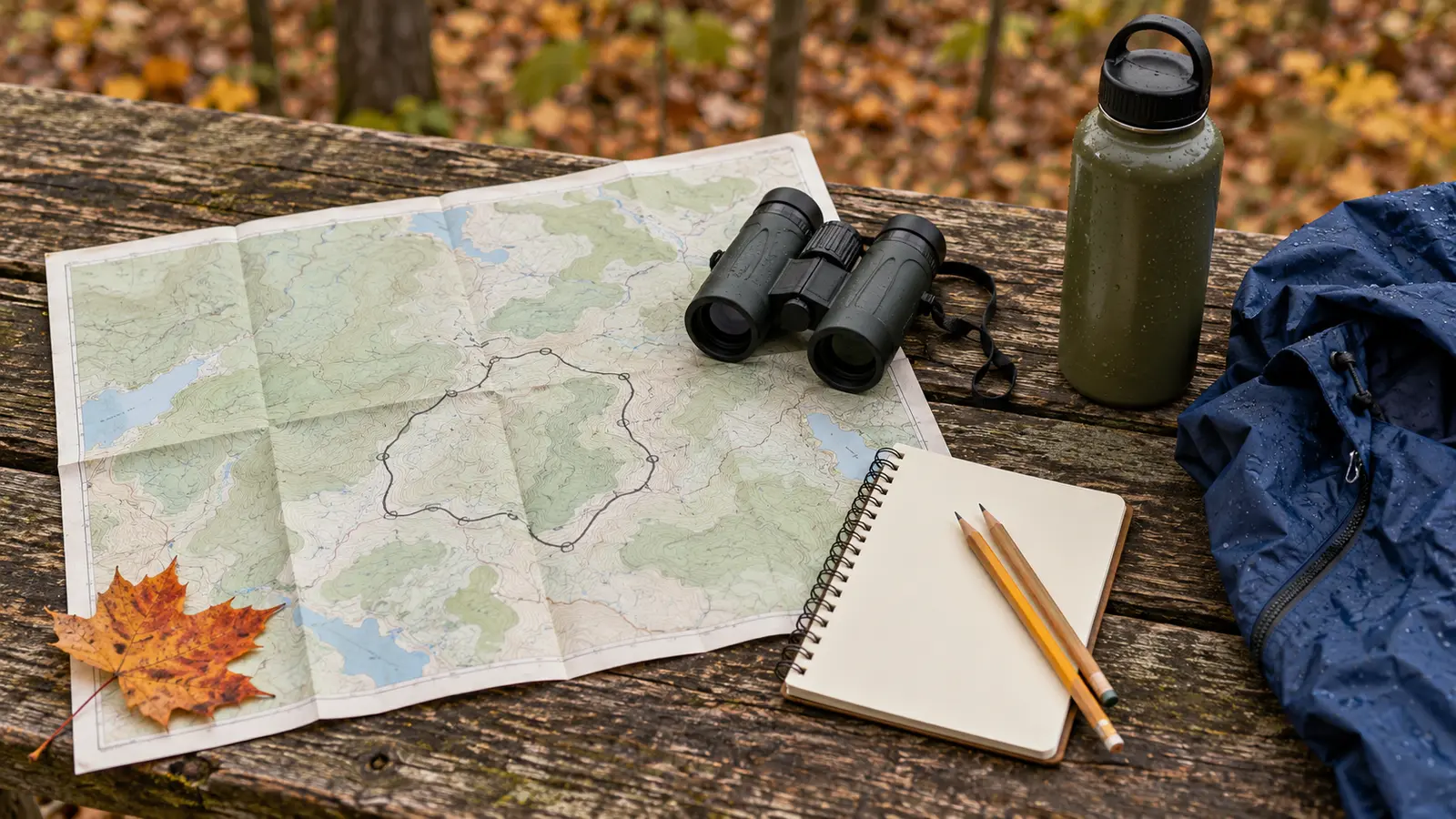 Conceptual fall nature-center planning scene with unlabeled trail map, binoculars, blank field notebook, pencils, water bottle and rain shell