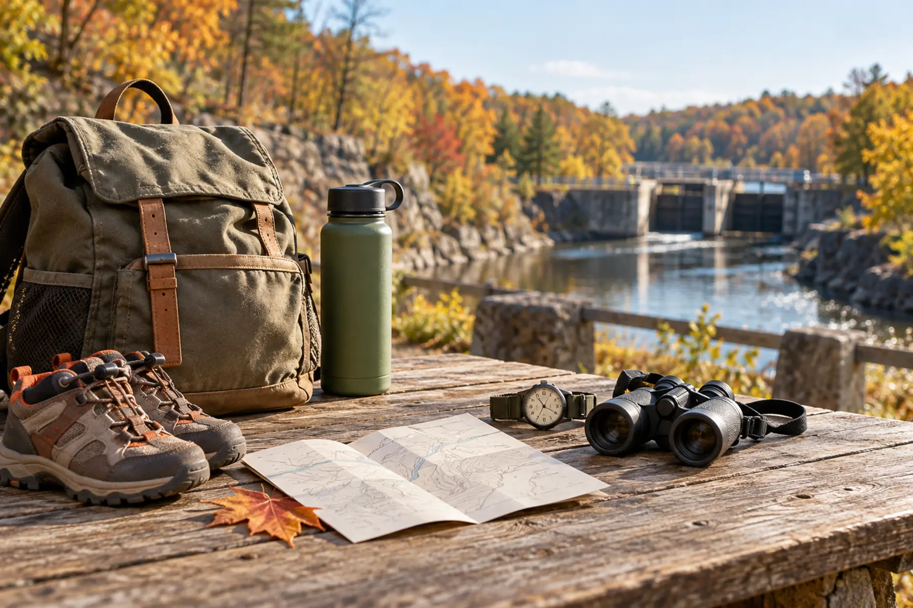 Conceptual Moss Island family planning setup with pack, shoes, bottle and invented route card