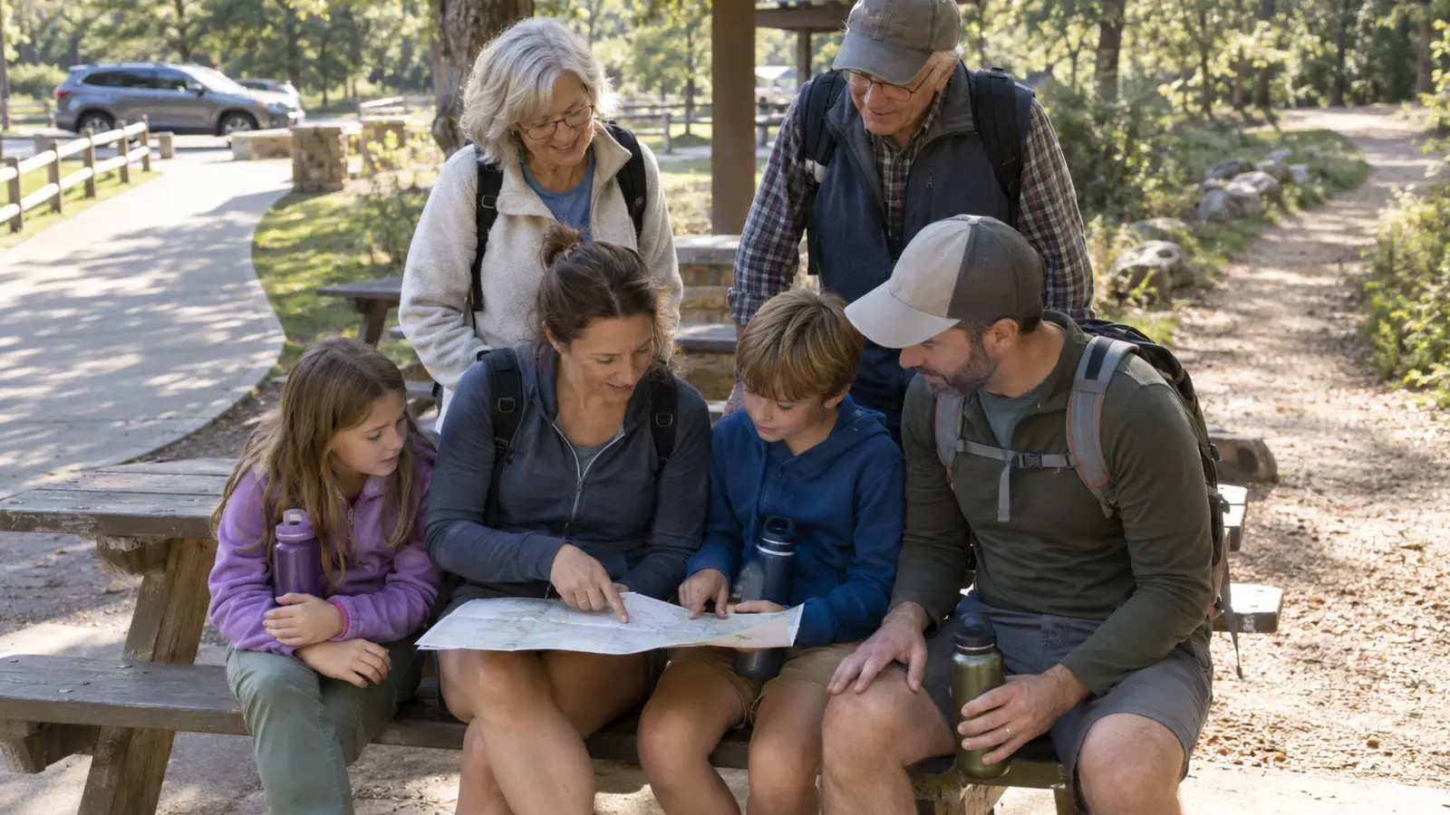 Multigenerational family reviewing a park map together