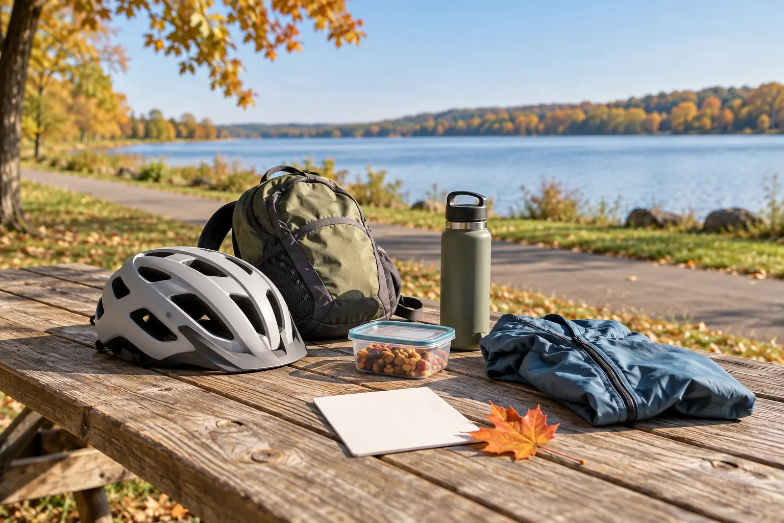 Conceptual lakefront day setup with helmet, daypack, water, snack and jacket beside a paved trail