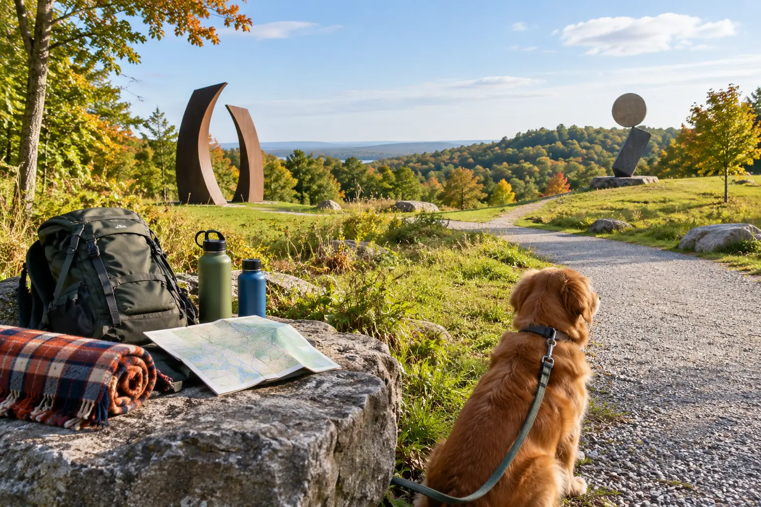 Conceptual outdoor sculpture walk with gravel path and leashed dog