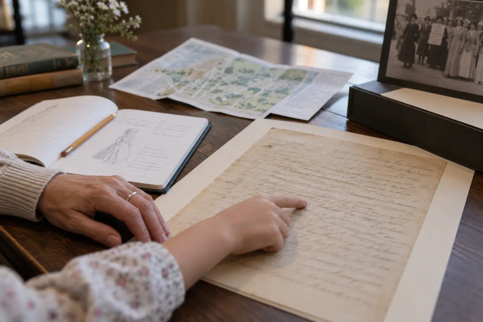 Adult and child studying a facsimile-style historical petition